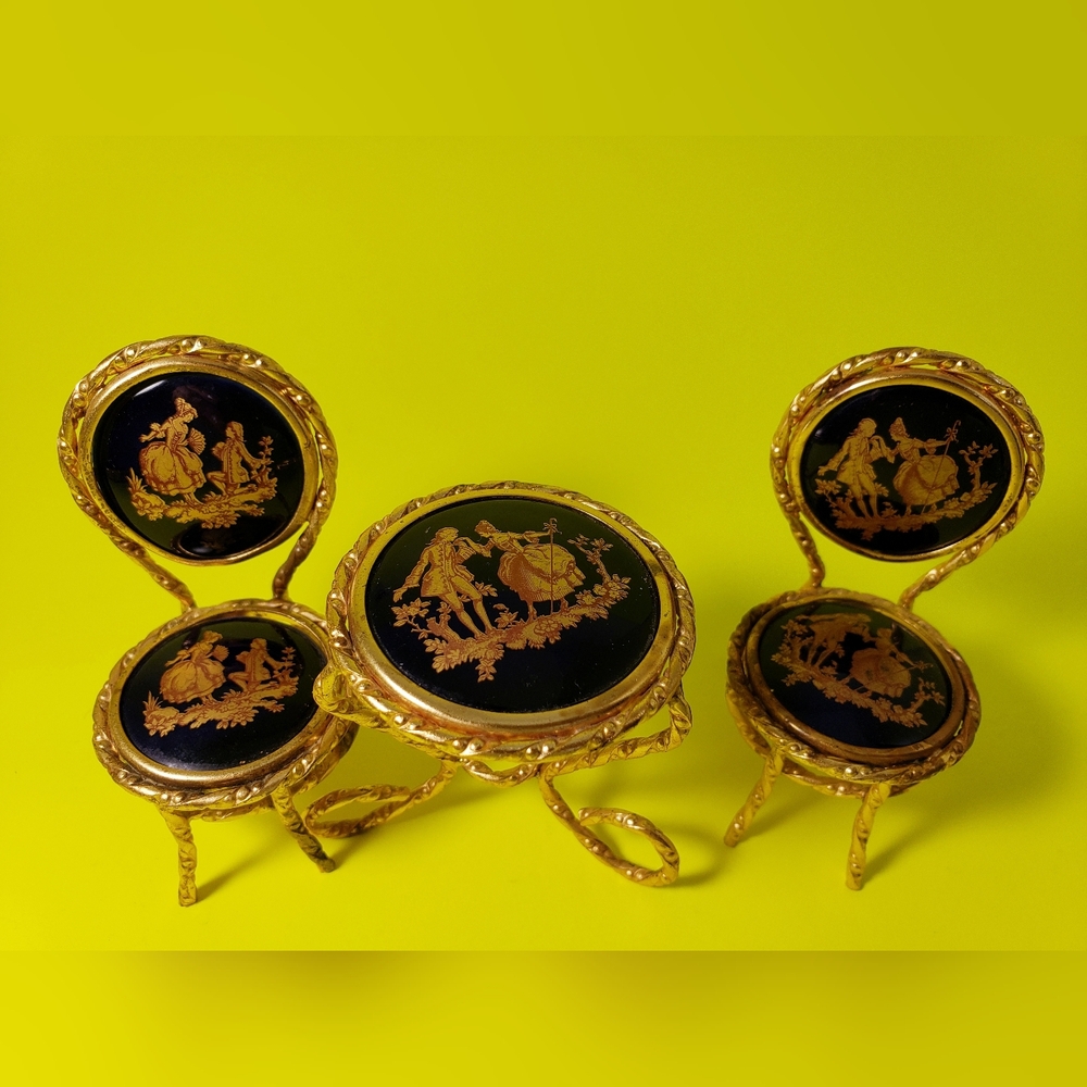 Vintage Authentic French Limoges Miniature Dark Cobalt & Gold Table Chair Set